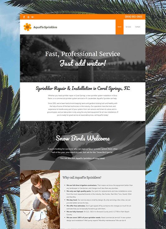 Website for AquaFlo Sprinklers in Coral Springs, Florida