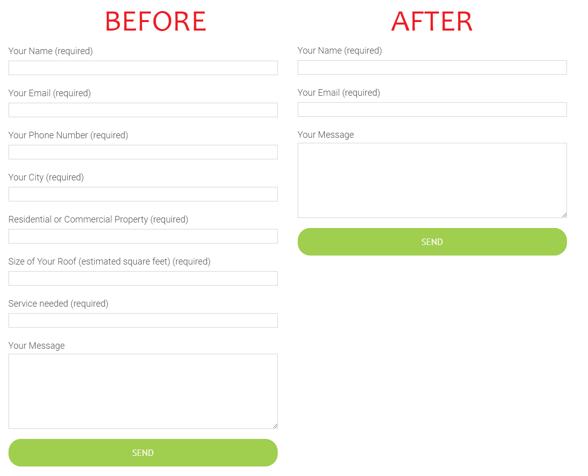 simple contact form vs long contact form on a roofing website