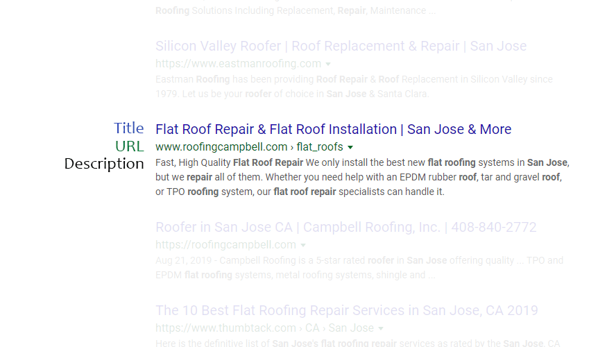 Search engine results for a roofing website