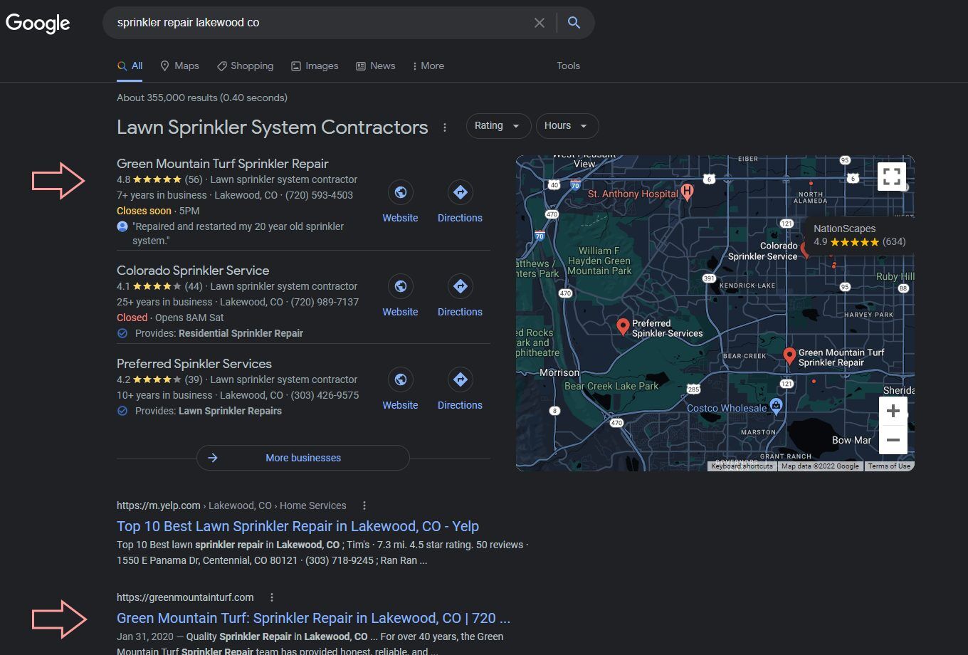 Search engine results page showing top rankings for sprinkler repair company